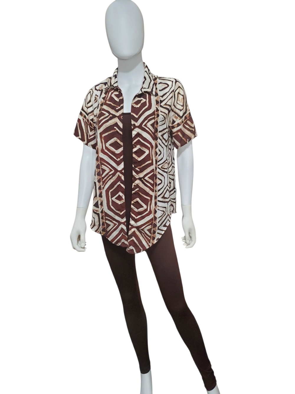 Sara Michelle Brown Cream Geometric Short Sleeve Button-Up Shirt S